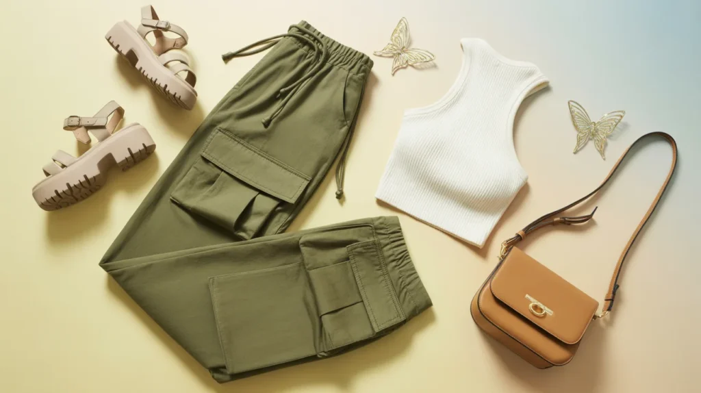  Y2K cargo pants and crop top flat lay outfit idea with platform sandals and butterfly clips