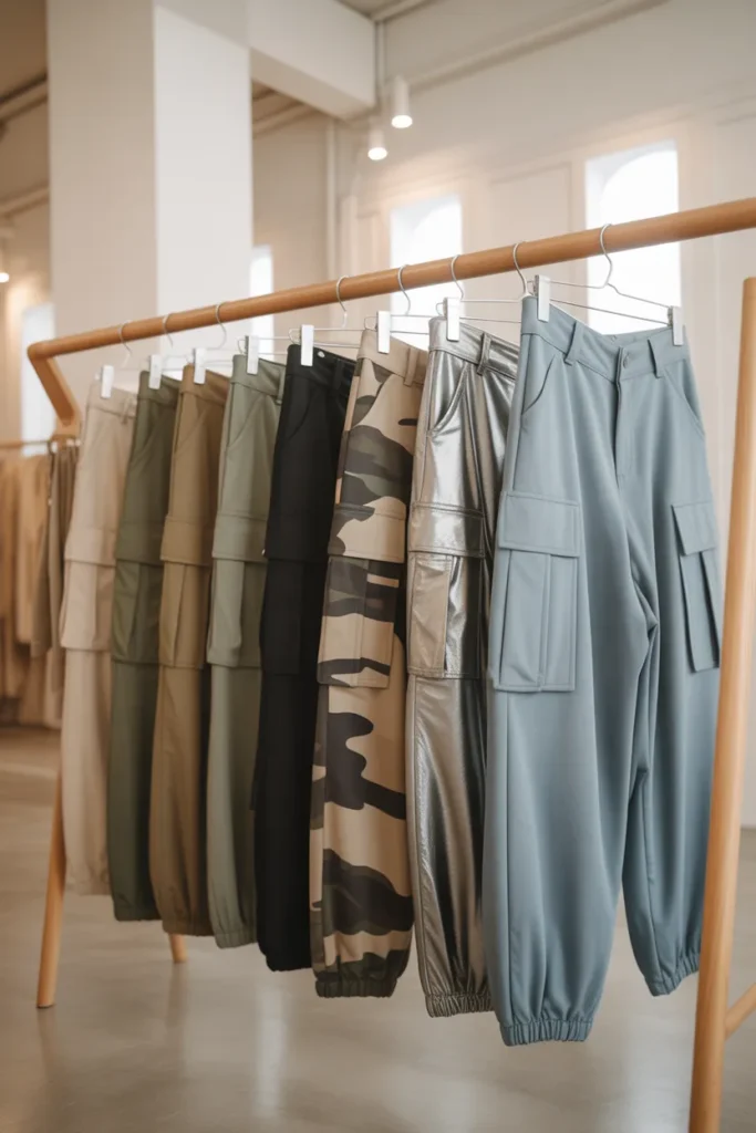  Y2K cargo pants in different colors including khaki camo black and metallic silver on a store rack