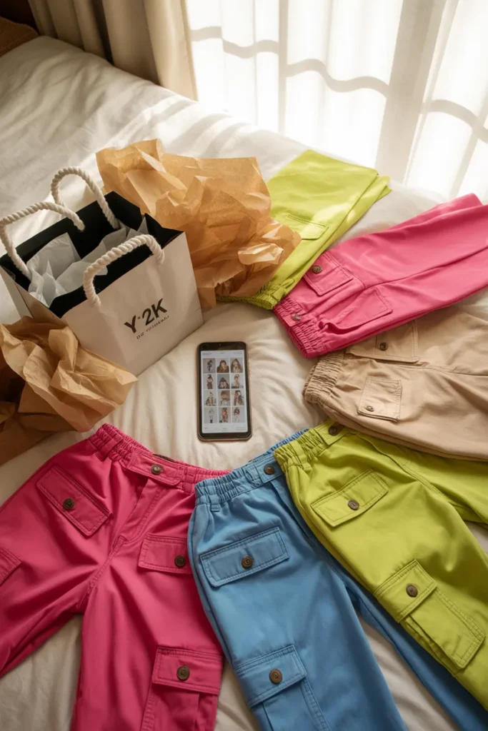 Y2K cargo pants shopping haul flat lay with multiple colors and Pinterest inspiration