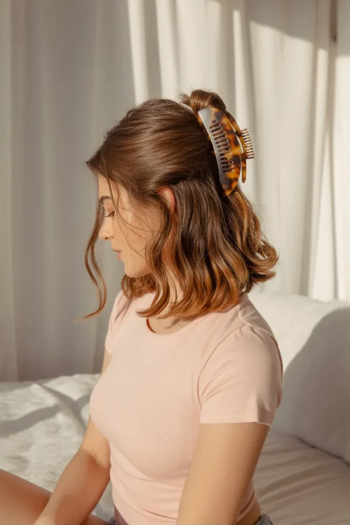 Y2K claw clip twist updo hairstyle with face framing pieces for 2000s aesthetic