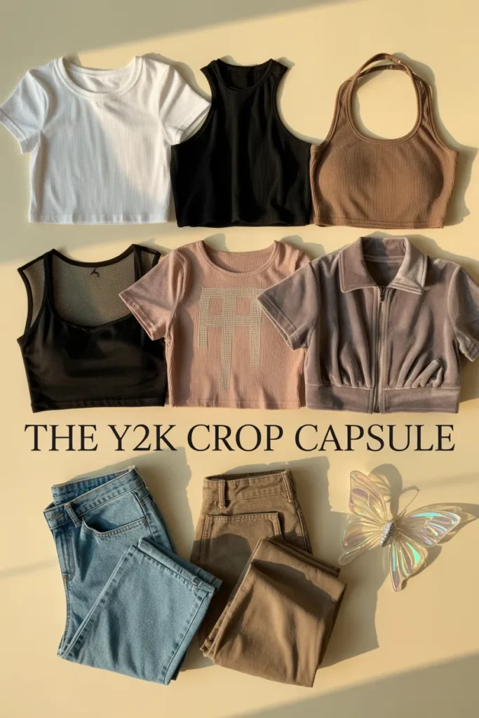 Y2K crop top capsule wardrobe flat lay with six tops, bootcut jeans, and cargo pants on cream background.