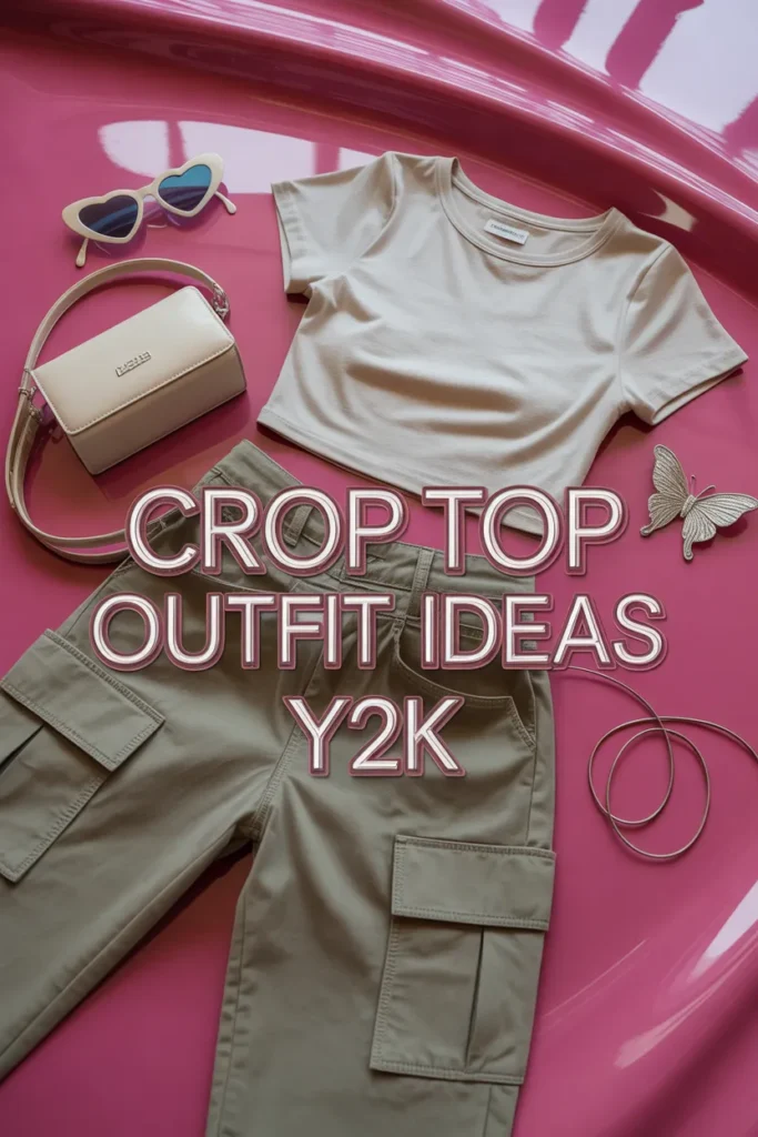 Y2K crop top outfit flat lay with white baby tee, cargo pants, baguette bag, and butterfly clip on hot pink background.