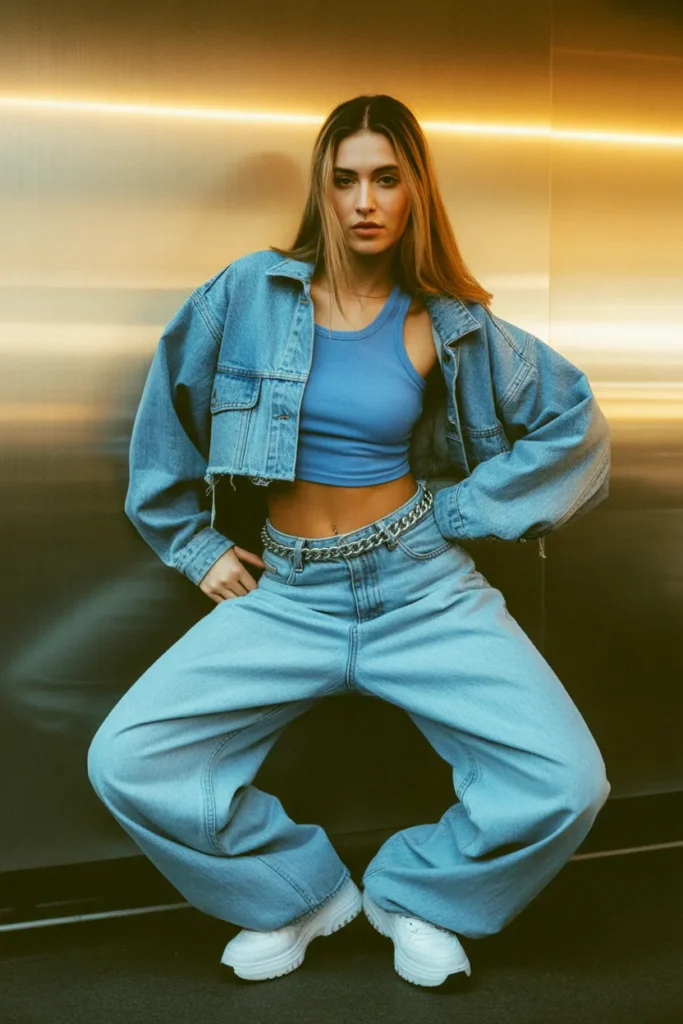 Y2K denim on denim outfit with cropped jacket baggy jeans statement belt and platform boots vintage style