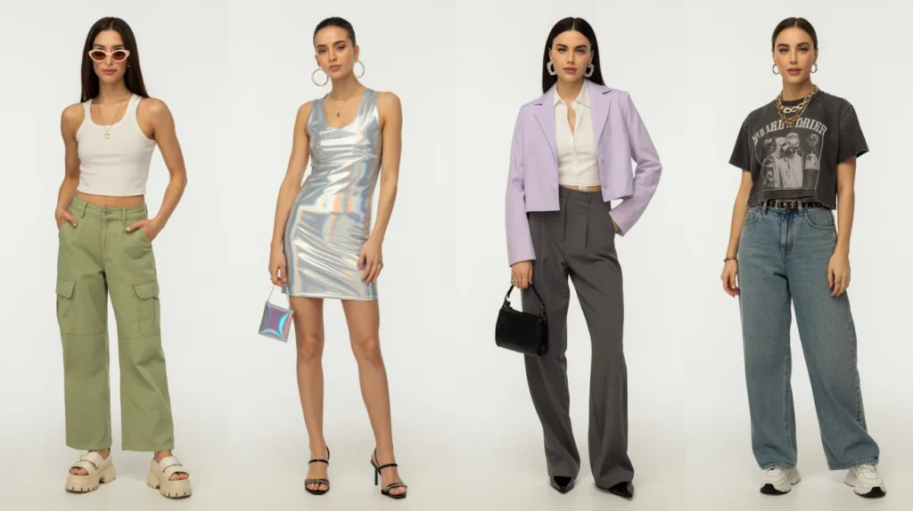 Y2K fashion lookbook grid showing four styled outfits for casual, night out, work, and weekend occasions — how to wear Y2K fashion in 2026 with modern styling guide, outfit ideas, and Y2K wardrobe essentials