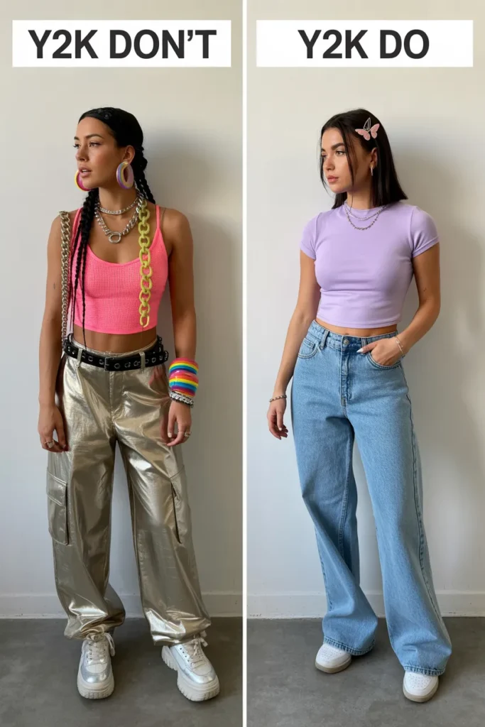 Y2K fashion on a budget do's and don'ts comparison showing well-styled versus overdone outfit