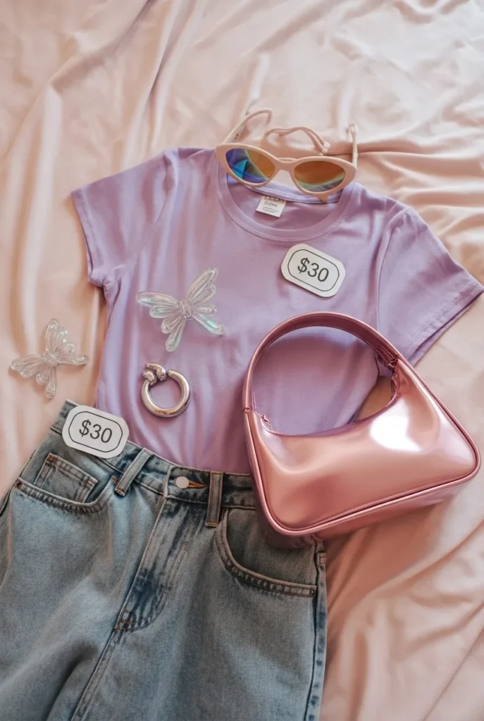 Y2K fashion on a budget flat lay showing affordable early 2000s outfit pieces under $30