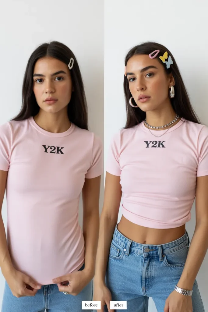 Y2K fashion styling hack showing how to make budget clothes look expensive with tucking and accessories