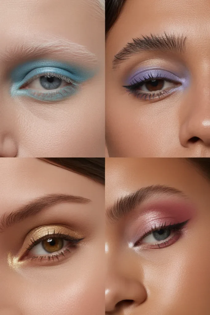 Y2K frosted eyeshadow color options for different skin tones blue lavender gold and pink