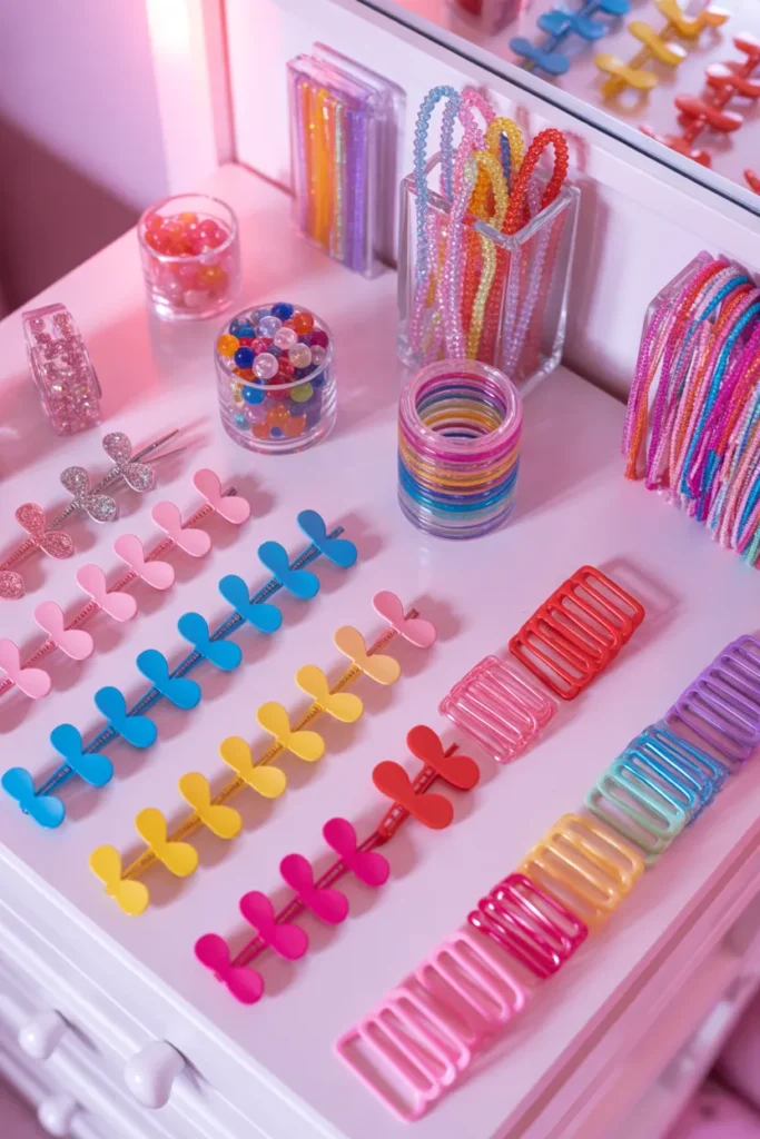 Y2K hair accessories collection with butterfly clips and jelly ties for 2000s aesthetic styling