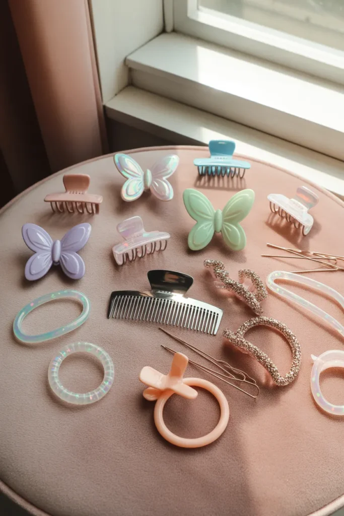 Y2K hairstyles accessories flat lay with butterfly clips and claw clips for 2000s aesthetic hair