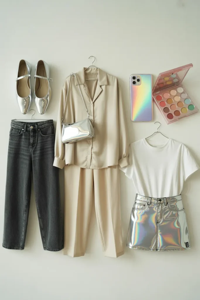 Y2K-lite outfit ideas grid showing subtle metallic accessories and pieces for everyday wear.