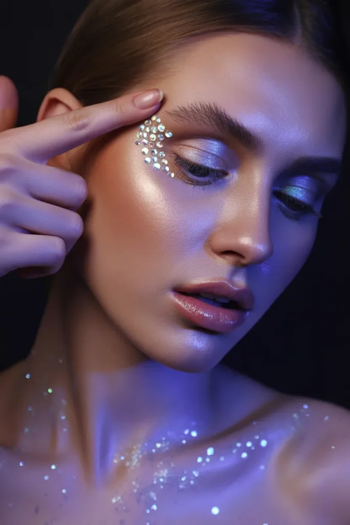Y2K makeup finishing touches with rhinestone face gems body glitter and shimmery highlighter for 2000s glam