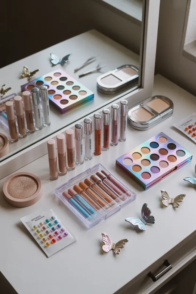 Y2K makeup kit essentials including frosted eyeshadow palettes lip gloss collection face gems and shimmery highlighter products