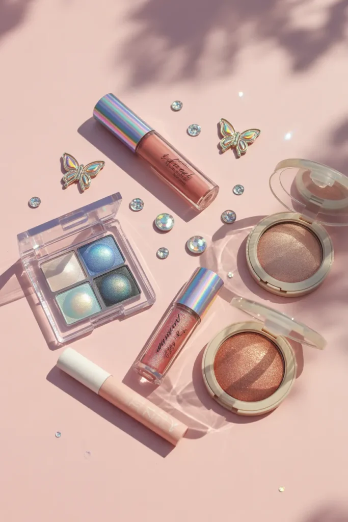 Y2K makeup looks essential products flat lay with frosted eyeshadow palette glossy lip gloss and butterfly clips