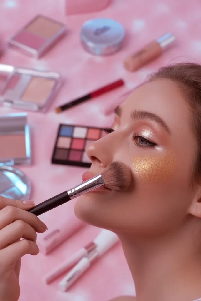 Y2K makeup tutorial base application with shimmery bronzer and blush for 2000s glam look