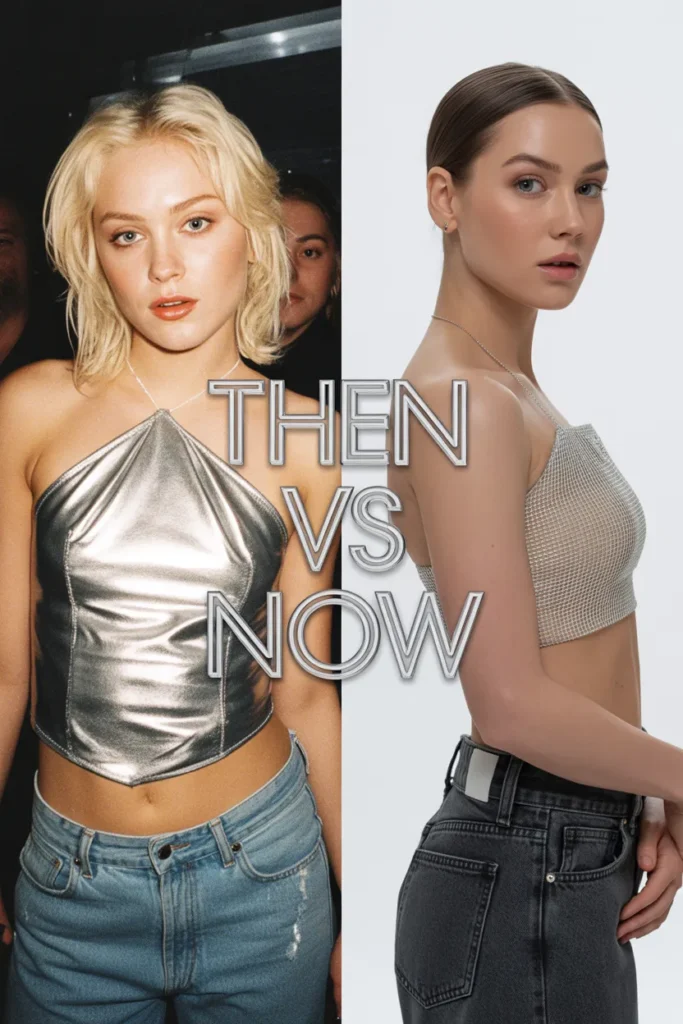 Y2K metallic fashion then versus now comparison showing 2002 paparazzi style next to modern 2026 styling.