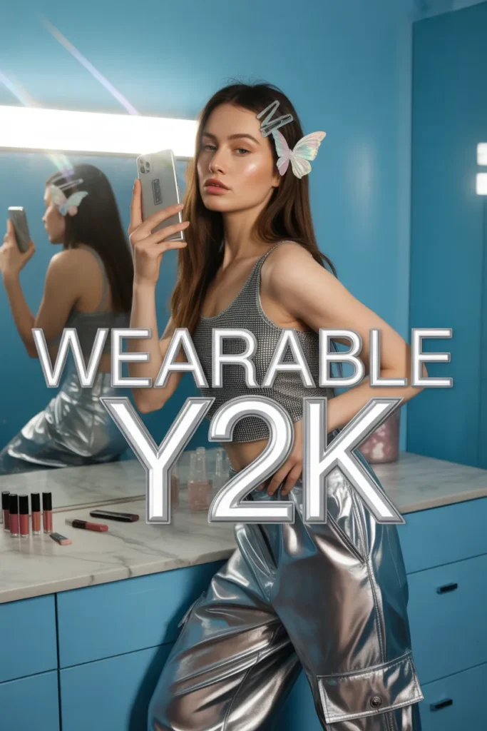 Y2K metallic outfit mirror selfie editorial with chrome cargos and silver mesh top.