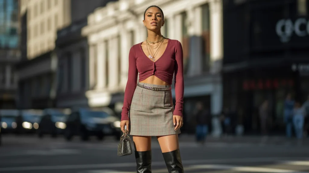 Y2K mini skirt and knee-high boots outfit with cropped cardigan and chain belt accessories