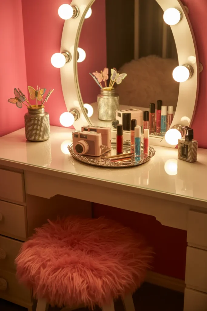 Y2K mirrored vanity with Hollywood bulb lighting, butterfly clips, and rhinestone accents.