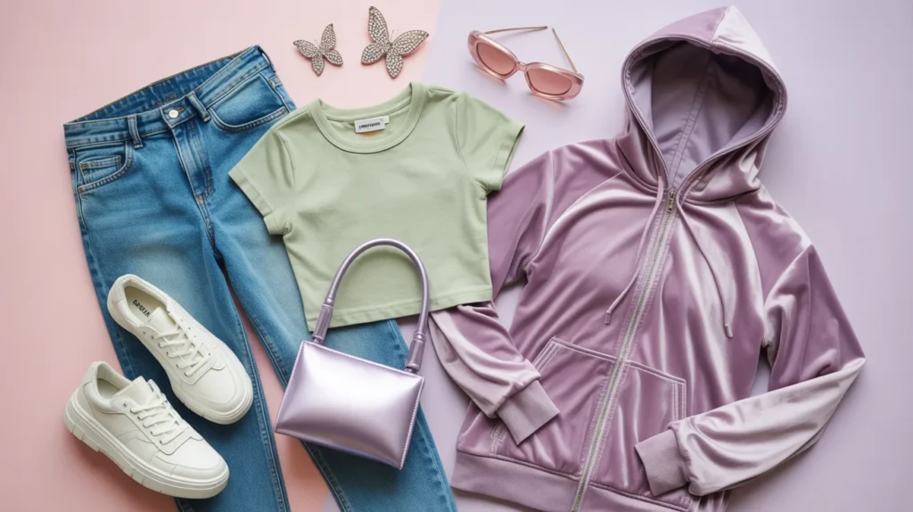 Y2K outfit essentials flat lay with low-rise jeans, baby tee, butterfly clips, and chunky sneakers on pink background