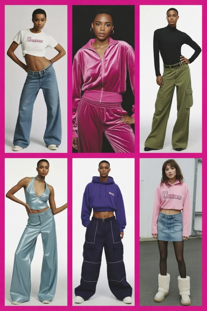 Y2K outfit inspo collage with six different looks for school, party, summer, and street style.