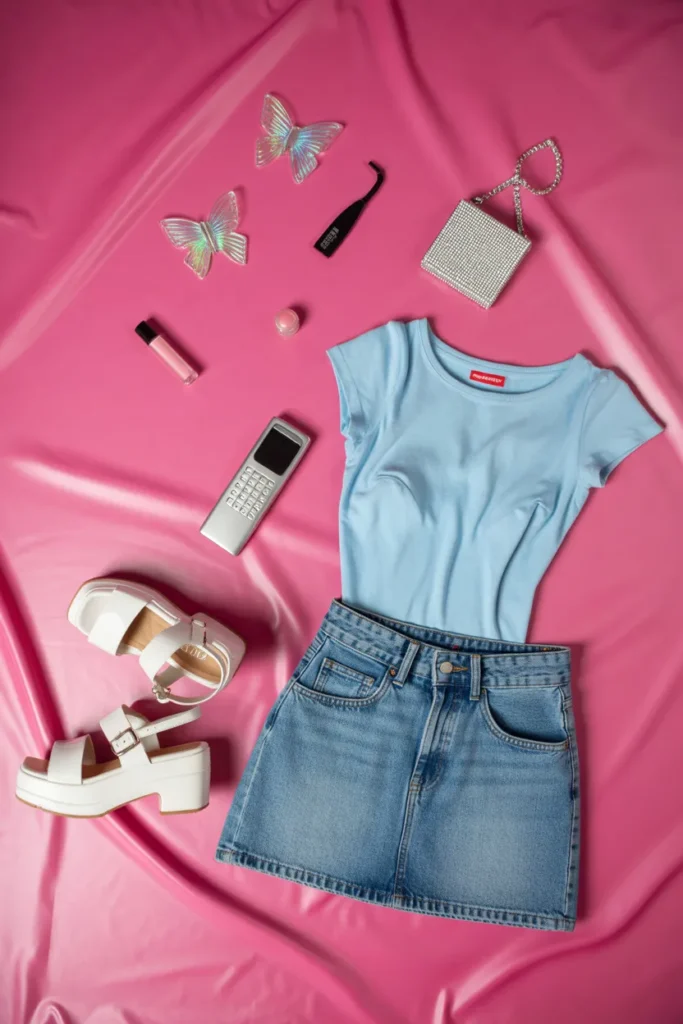 Y2K outfit inspo flat lay with baby tee, denim mini skirt, platforms, and butterfly clips on pink background.