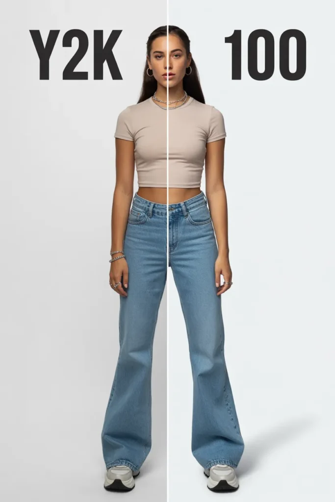 Y2K outfit styling comparison showing correct and incorrect fashion proportions