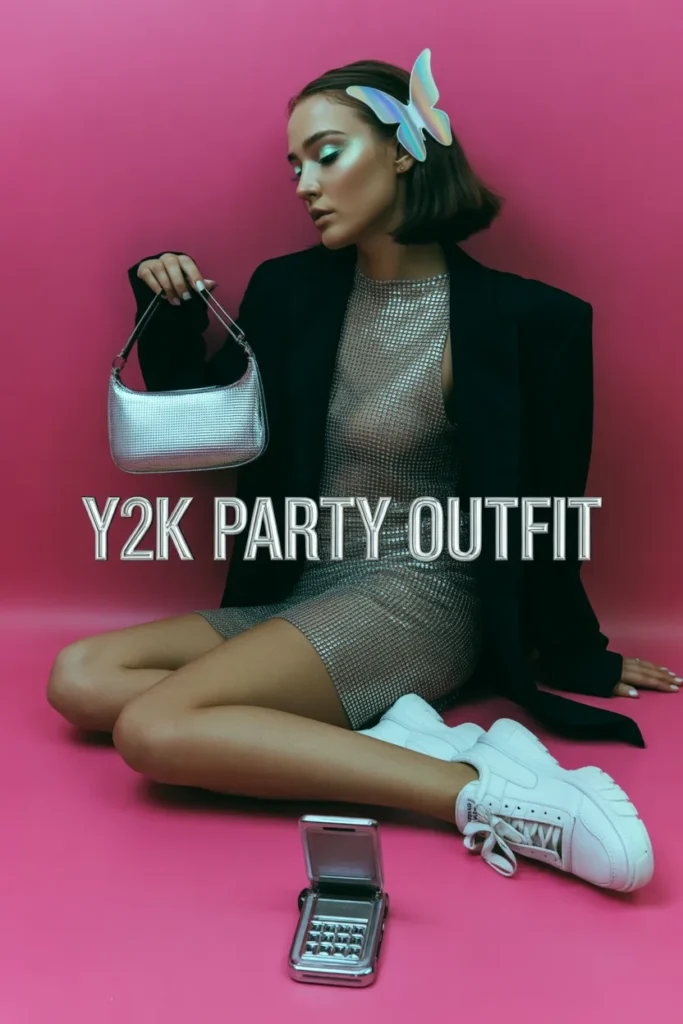 Y2K party outfit idea featuring chainmail dress, blazer, and chrome accessories on hot pink background.
