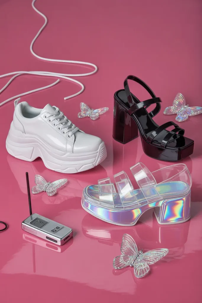 Y2K platform shoes flat lay with chunky sneaker, black sandal, and clear jelly platform on hot pink background