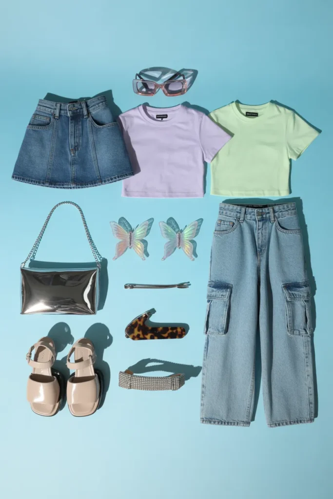Y2K shopping haul flat lay with cargo pants, baby tees, platforms, and accessories.