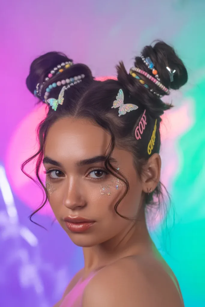 Y2K space buns butterfly clips hairstyle with glitter clips for festival-ready look