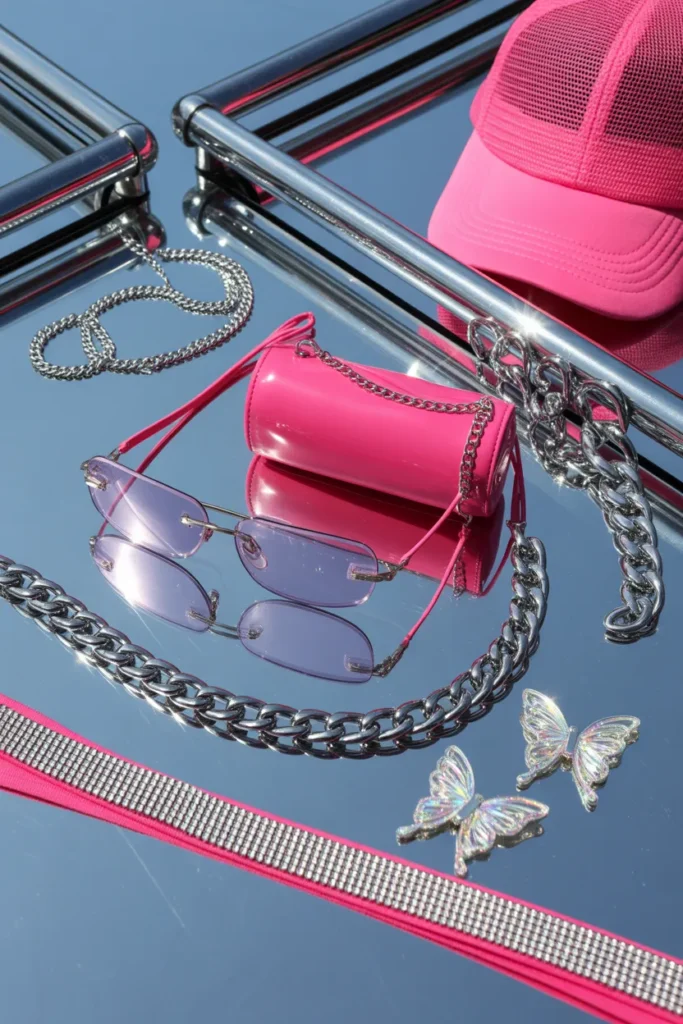 Y2K streetwear accessories flat lay including baguette bag, chunky chains, and tinted sunglasses