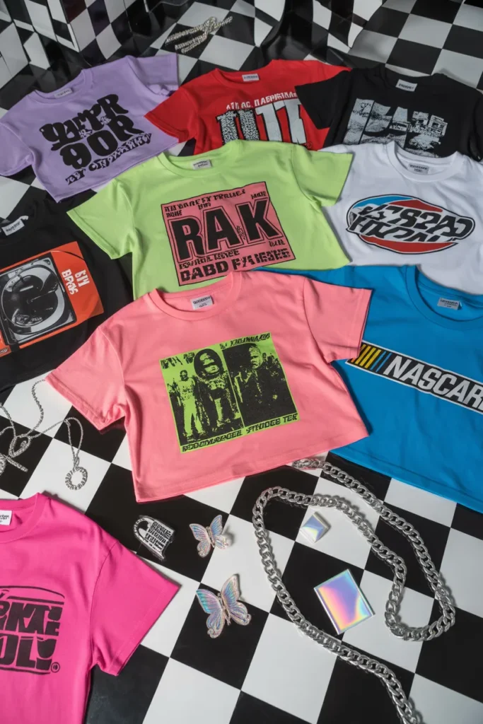 Y2K streetwear baby tee collection with vintage graphics and retro logos
