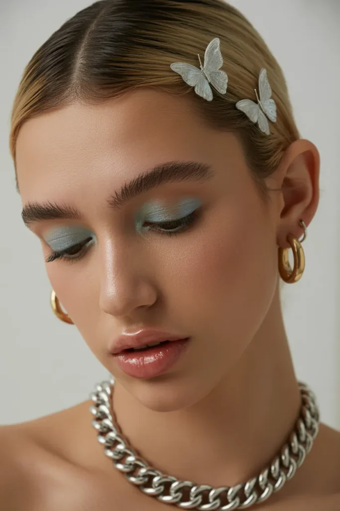 Y2K streetwear makeup look with frosted eyeshadow and glossy lips