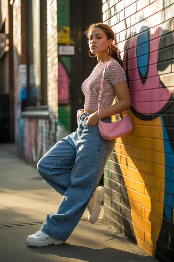 Y2K streetwear outfit featuring baggy jeans, rhinestone baby tee, and platform sneakers in urban setting