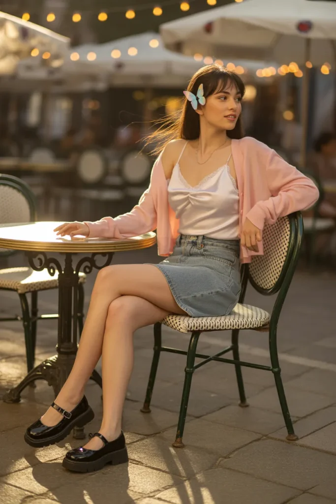 Y2K summer evening outfit with layered cami cardigan and denim mini skirt