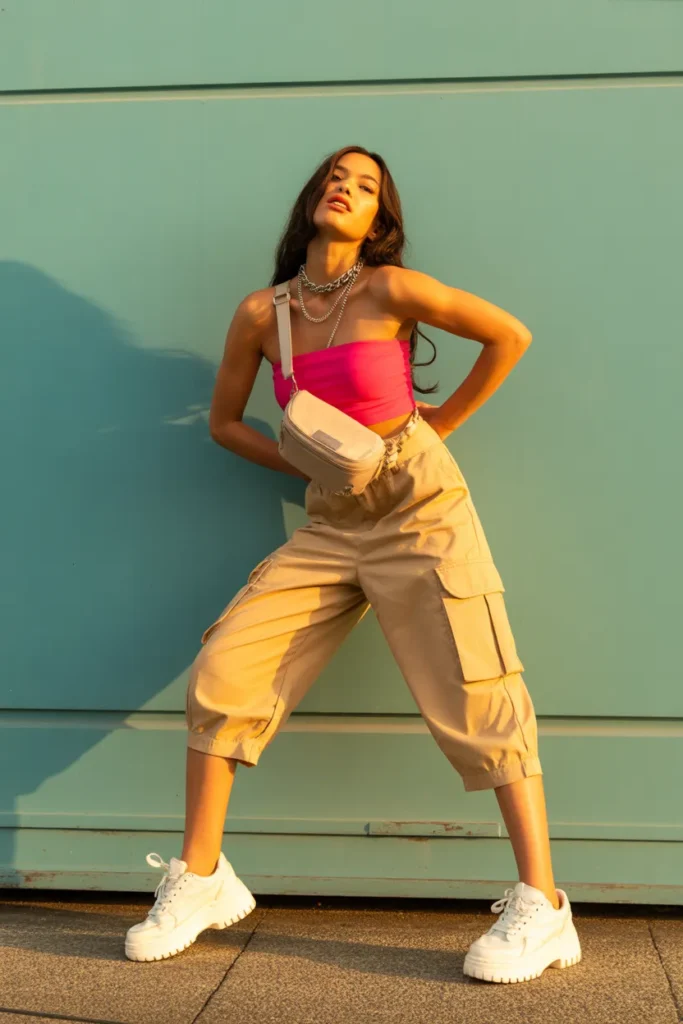 Y2K summer outfit with cargo capris and pink tube top for 2000s streetwear look