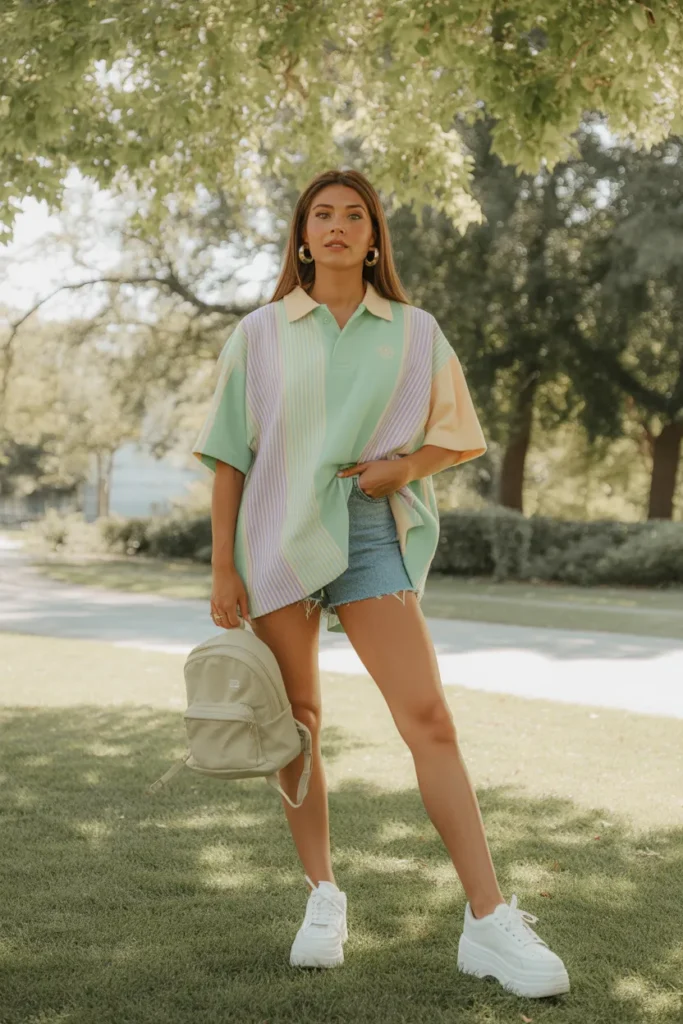  Y2K summer outfit with denim micro shorts and oversized polo for casual 2000s look