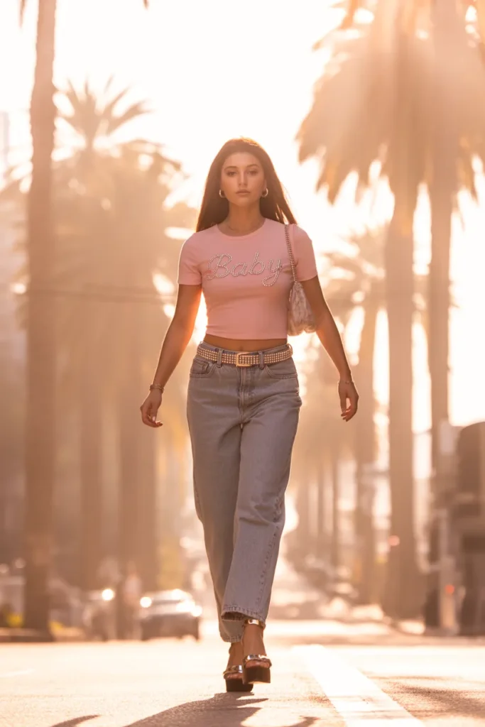 Y2K summer outfit with low rise jeans pink baby tee and platform sandals for hot girl summer