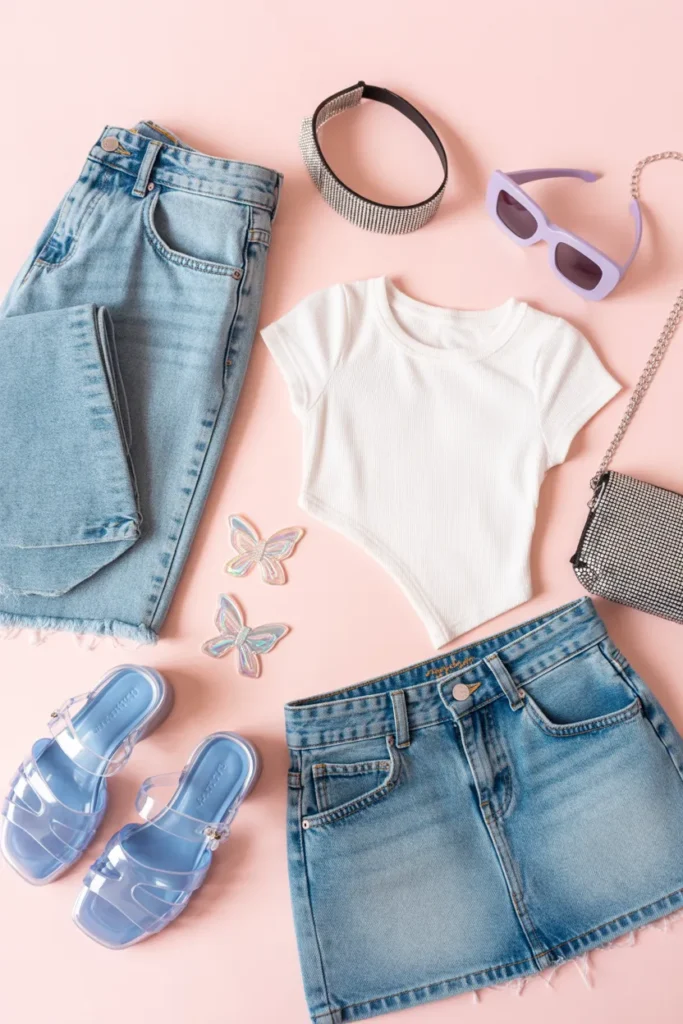 Y2K summer wardrobe essentials flat lay with baby tee low rise jeans and accessories