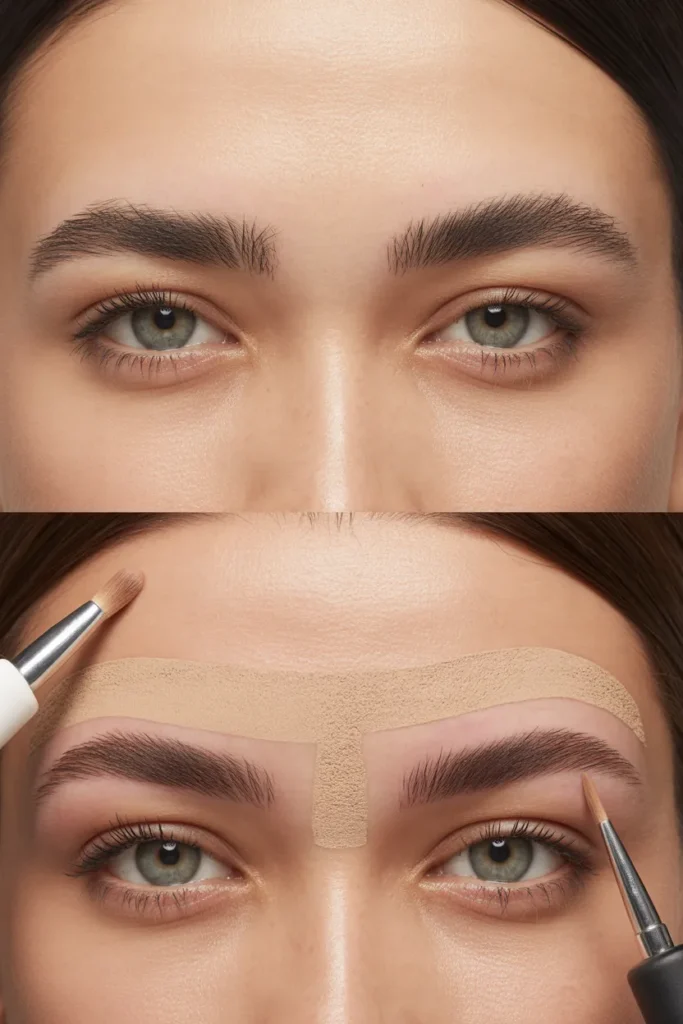 Y2K thin brows tutorial before and after using concealer technique for 2000s makeup look