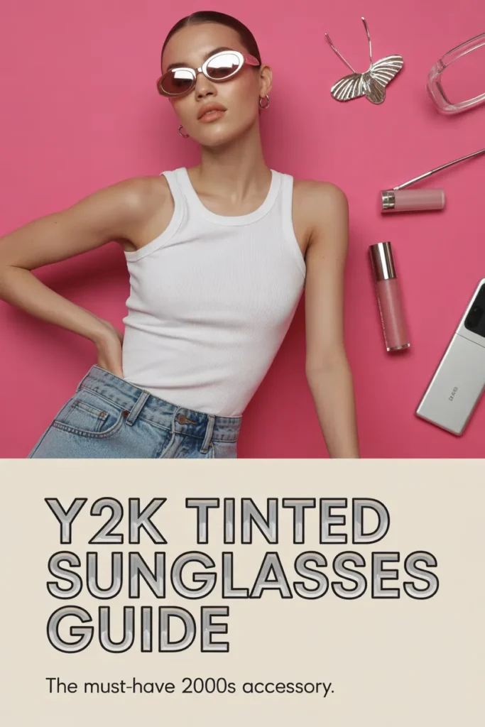 Y2K tinted sunglasses guide Pinterest pin with model in rose ovals and chrome text overlay
