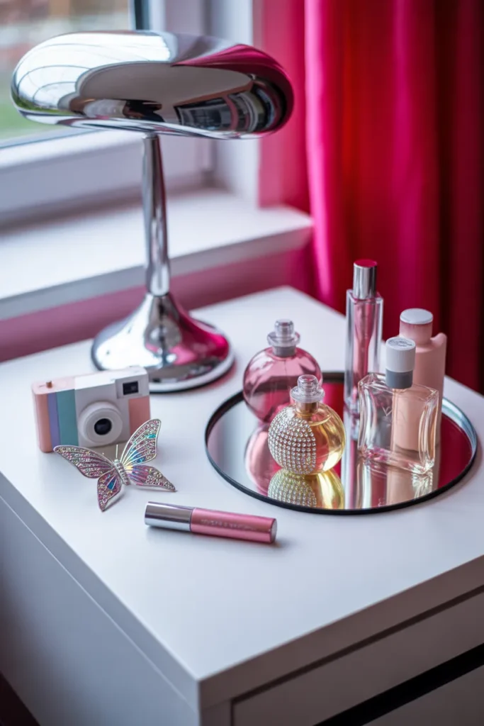 Y2K vanity vignette with chrome lamp, butterfly clips, and rhinestone perfume bottles.