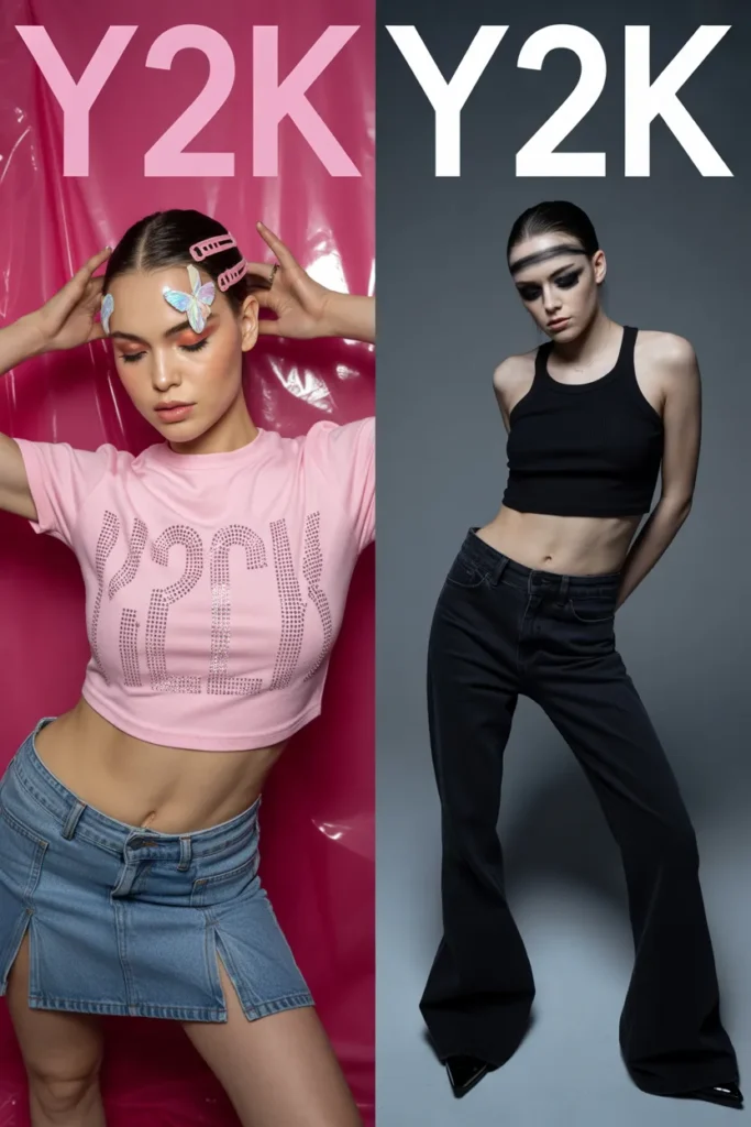  Y2K versus indie sleaze crop top styling comparison with pink rhinestone tee and black cropped tank.