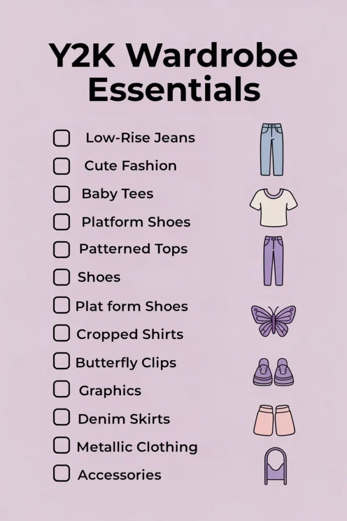  Y2K wardrobe essentials checklist infographic with icons for each fashion piece