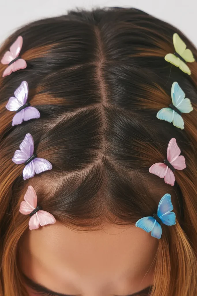Zigzag hair part with colorful butterfly clips Y2K aesthetic hairstyle top view