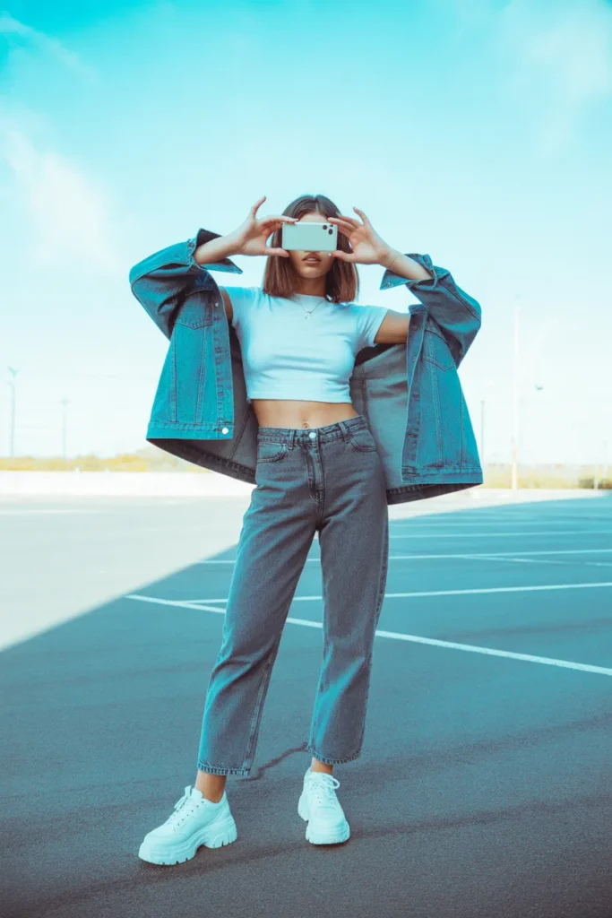 chunky white platform sneakers Y2K outfit with straight leg jeans and baby tee