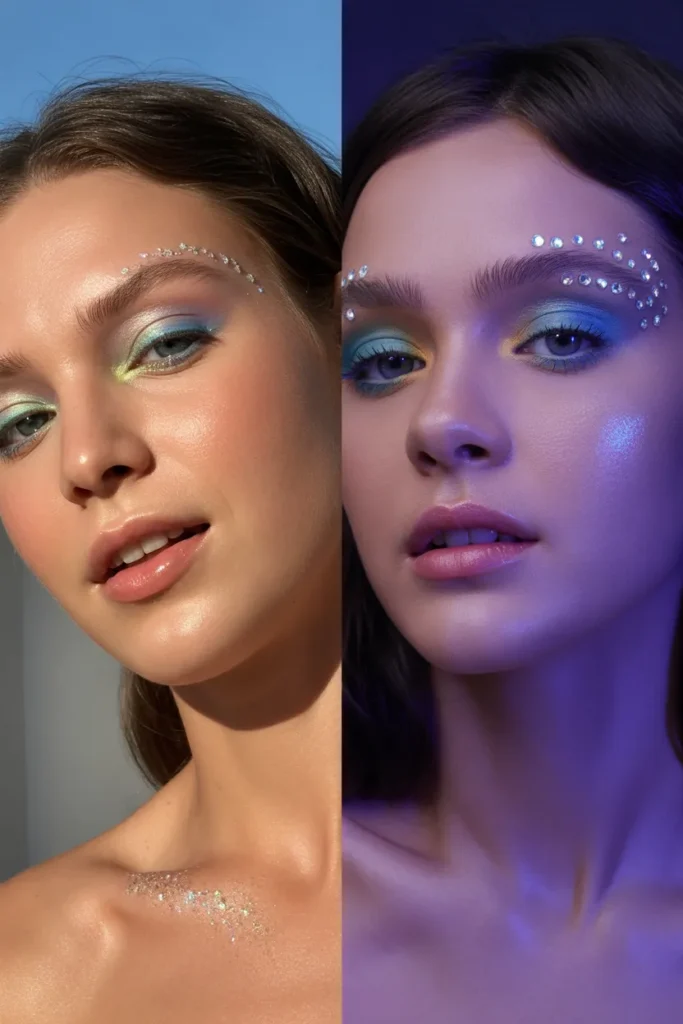 daytime versus nighttime Y2K makeup looks comparison showing subtle shimmer for everyday wear and full 2000s glam for events