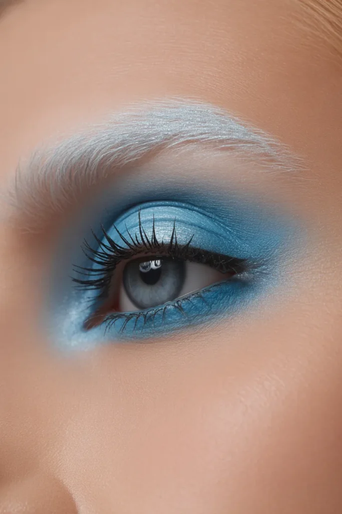 frosted icy blue eyeshadow Y2K makeup look close up with shimmer highlight and dramatic lashes
