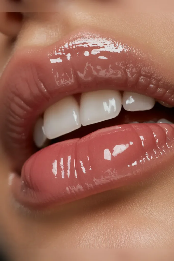 glossy Y2K lips with nude lip liner and high shine gloss for 2000s makeup look tutorial